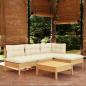 Preview: ARDEBO.de - 5-tlg. Garten-Lounge-Set mit Creme Kissen Kiefernholz