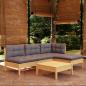 Preview: ARDEBO.de - 5-tlg. Garten-Lounge-Set mit Grauen Kissen Kiefernholz