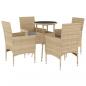 Preview: 5-tlg. Garten-Essgruppe mit Kissen Beige Poly Rattan und Glas