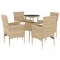 Preview: 5-tlg. Garten-Essgruppe mit Kissen Beige Poly Rattan und Glas