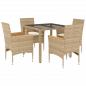 Preview: 5-tlg. Garten-Essgruppe mit Kissen Beige Poly Rattan und Glas