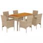 Preview: 7-tlg. Garten-Essgruppe mit Kissen Beige Poly Rattan Akazie