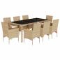 Preview: 9-tlg. Garten-Essgruppe mit Kissen Beige Poly Rattan Glas