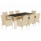 Preview: 9-tlg. Garten-Essgruppe mit Kissen Beige Poly Rattan Glas