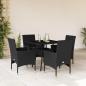 Preview: ARDEBO.de - 5-tlg. Garten-Essgruppe mit Kissen Schwarz Poly Rattan und Glas