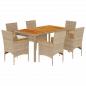 Preview: 7-tlg. Garten-Essgruppe mit Kissen Beige Poly Rattan Akazie