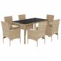 Preview: 7-tlg. Garten-Essgruppe mit Kissen Beige Poly Rattan und Glas