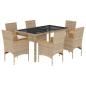 Preview: 7-tlg. Garten-Essgruppe mit Kissen Beige Poly Rattan und Glas