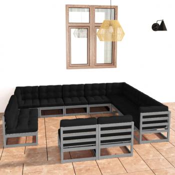 ARDEBO.de - 12-tlg. Garten-Lounge-Set mit Kissen Grau Massivholz Kiefer