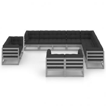 12-tlg. Garten-Lounge-Set mit Kissen Grau Massivholz Kiefer