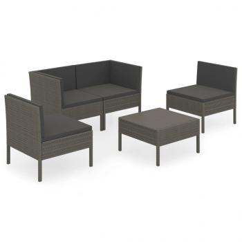 5-tlg. Garten-Lounge-Set mit Auflagen Poly Rattan Grau