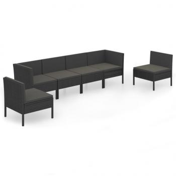 6-tlg. Garten-Lounge-Set mit Auflagen Poly Rattan Schwarz