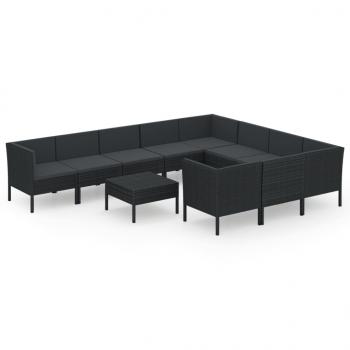 11-tlg. Garten-Lounge-Set mit Auflagen Poly Rattan Schwarz