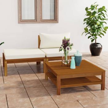 ARDEBO.de - 3-tlg. Garten-Lounge-Set mit Cremeweißen Kissen Akazienholz