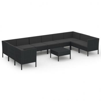 11-tlg. Garten-Lounge-Set mit Auflagen Poly Rattan Schwarz