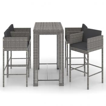 5-tlg. Gartenbar-Set mit Kissen Poly Rattan Grau