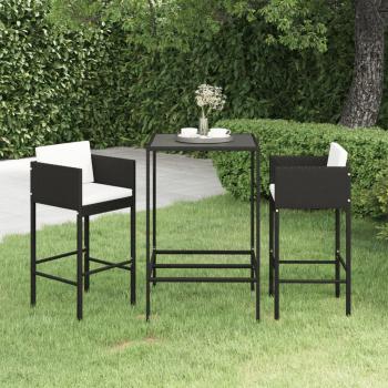 ARDEBO.de - 3-tlg. Gartenbar-Set mit Kissen Poly Rattan Schwarz