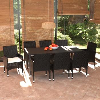 ARDEBO.de - 9-tlg. Garten-Essgruppe mit Kissen Poly Rattan Schwarz