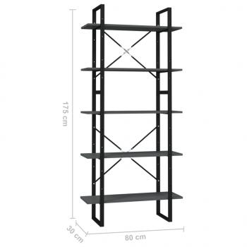 Bücherregal 5 Fächer Grau 80x30x175 cm Holzwerkstoff