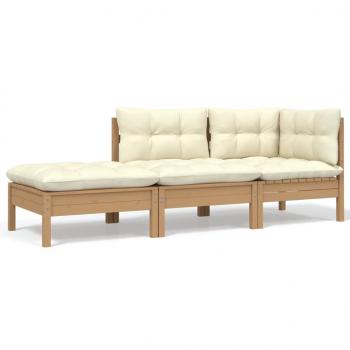 ARDEBO.de - 3-tlg. Garten-Lounge-Set mit Creme Kissen Massivholz Kiefer