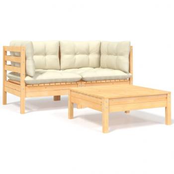 ARDEBO.de - 3-tlg. Garten-Lounge-Set mit Kissen in Creme Massivholz Kiefer