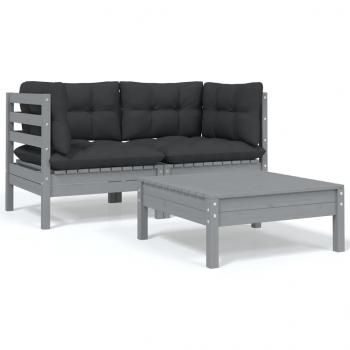 ARDEBO.de - 3-tlg. Garten-Lounge-Set mit Kissen Grau Kiefer Massivholz