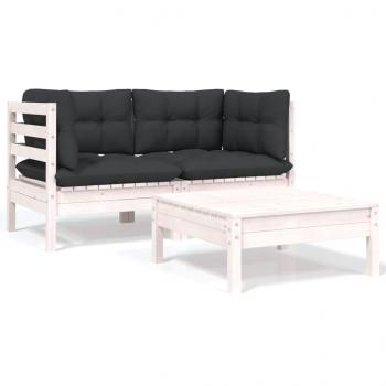 ARDEBO.de - 3-tlg. Garten-Lounge-Set mit Kissen in Weiß Kiefer Massivholz