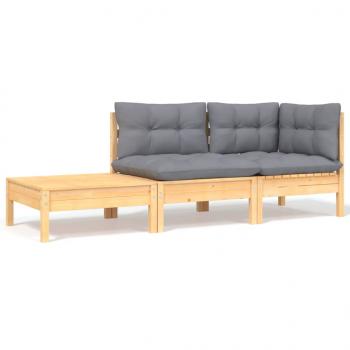 ARDEBO.de - 3-tlg. Garten-Lounge-Set mit Grauen Kissen Kiefer Massivholz