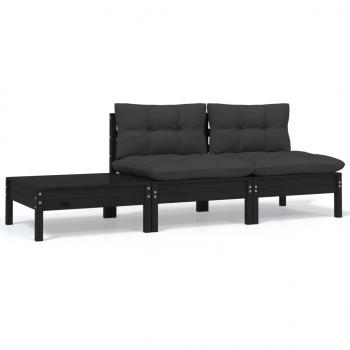 ARDEBO.de - 3-tlg. Garten-Lounge-Set mit Kissen Schwarz Kiefer Massivholz