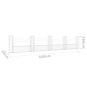 Gabionenkorb U-Form mit 5 Säulen Eisen 500x20x100 cm