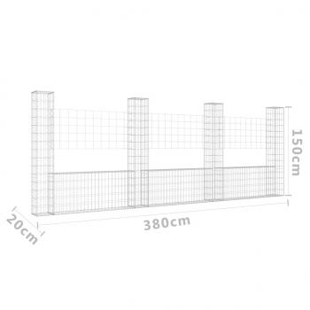 Gabionenkorb U-Form mit 4 Säulen Eisen 380x20x150 cm