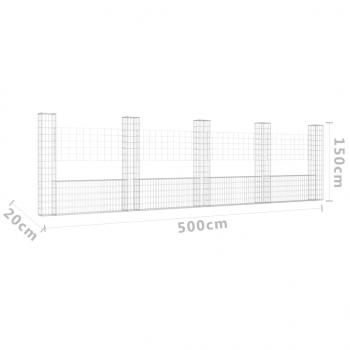 Gabionenkorb U-Form mit 5 Säulen Eisen 500x20x150 cm