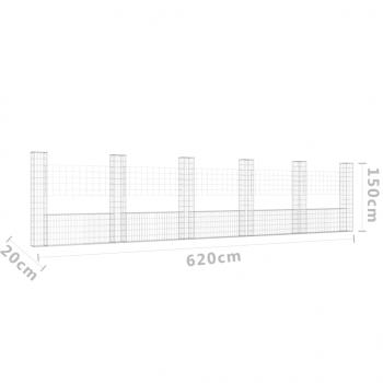 Gabionenkorb U-Form mit 6 Säulen Eisen 620x20x150 cm