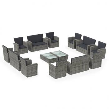 16-tlg. Garten-Lounge-Set mit Kissen Poly-Rattan Grau