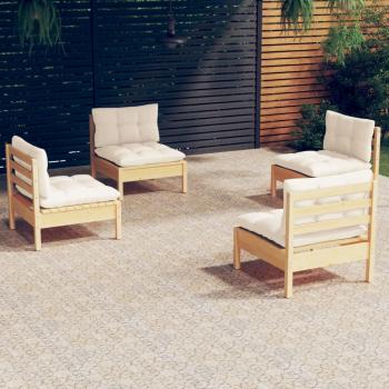 ARDEBO.de - 4-tlg. Garten-Lounge-Set mit Creme Kissen Kiefernholz