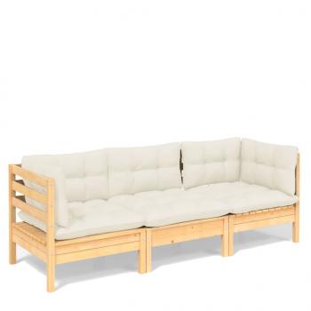 3-Sitzer-Gartensofa mit Creme Kissen Massivholz Kiefer