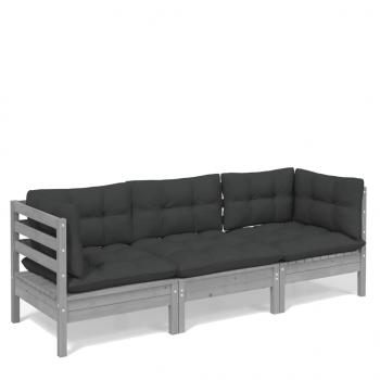 3-Sitzer-Gartensofa mit Anthrazit Kissen Massivholz Kiefer