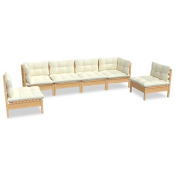 6-tlg. Garten-Lounge-Set mit Creme Kissen Massivholz Kiefer