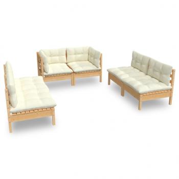 6-tlg. Garten-Lounge-Set mit Creme Kissen Massivholz Kiefer