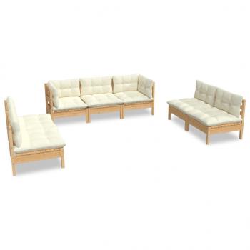 7-tlg. Garten-Lounge-Set mit Creme Kissen Massivholz Kiefer