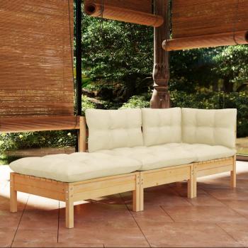 ARDEBO.de - 3-tlg. Garten-Lounge-Set mit Creme Kissen Massivholz Kiefer