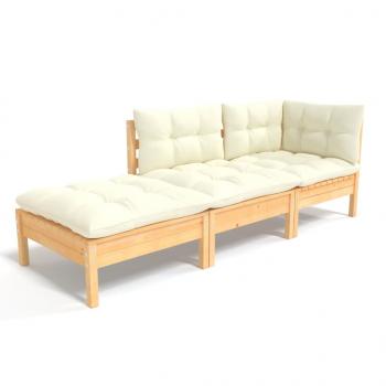 3-tlg. Garten-Lounge-Set mit Creme Kissen Massivholz Kiefer