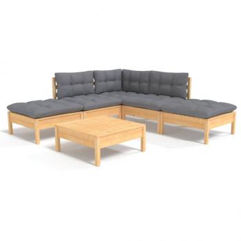 6-tlg. Garten-Lounge-Set mit Grauen Kissen Kiefernholz