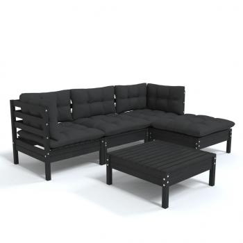 5-tlg. Garten-Lounge-Set mit Kissen Schwarz Kiefernholz