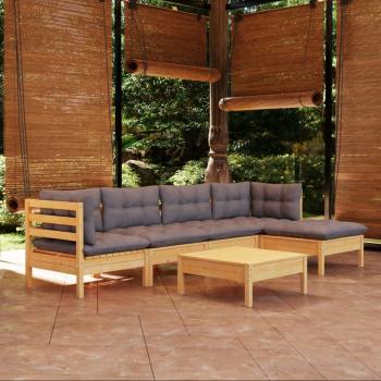 ARDEBO.de - 6-tlg. Garten-Lounge-Set mit Grauen Kissen Kiefernholz