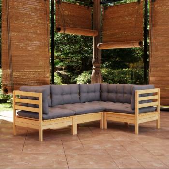 ARDEBO.de - 4-tlg. Garten-Lounge-Set mit Grauen Kissen Kiefernholz