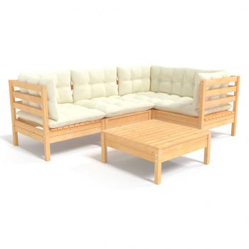 5-tlg. Garten-Lounge-Set mit Creme Kissen Kiefernholz