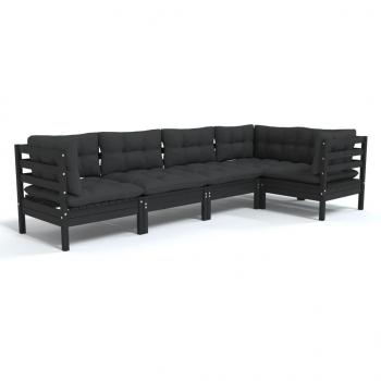 5-tlg. Garten-Lounge-Set mit Kissen Schwarz Kiefernholz