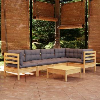 ARDEBO.de - 6-tlg. Garten-Lounge-Set mit Grauen Kissen Kiefernholz