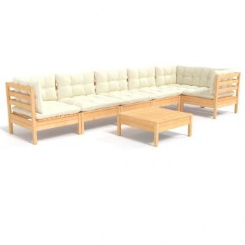 7-tlg. Garten-Lounge-Set mit Creme Kissen Kiefernholz